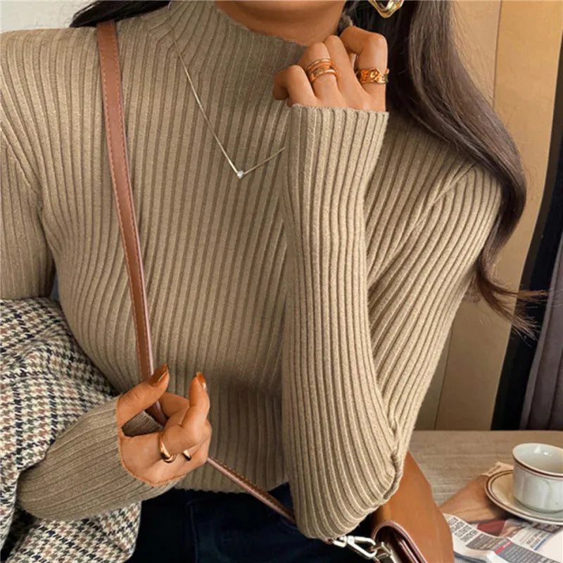 Elegant Solid Basic Knitted Tops Women Turtlneck Sweater Long Sleeve Casual Slim Pullover Korean Fashion Simple Chic Clothes voguable