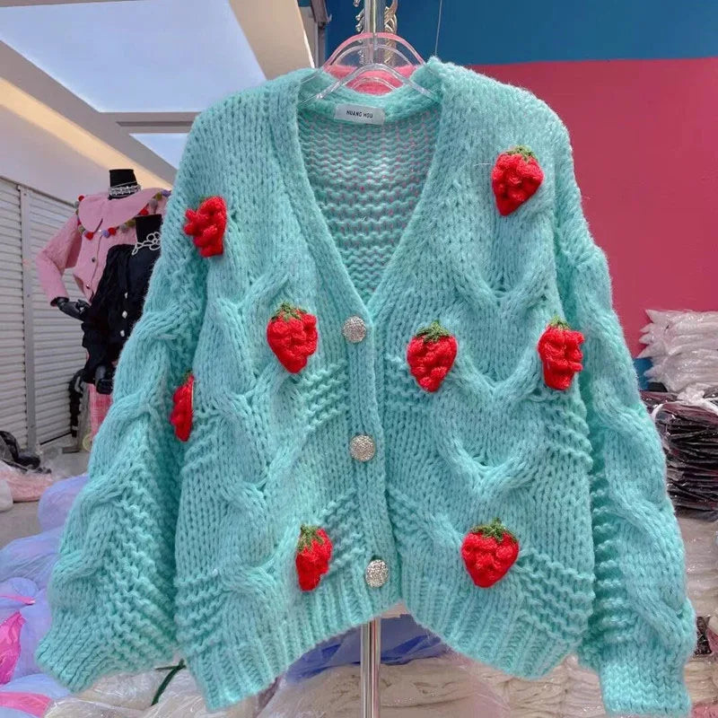 Autumn Winter Strawberry Knitting Women Cardigan Y2K Fashion Loose Long Sleeve Thicken Warm Sweater Korean Chic Preppy Sweater voguable