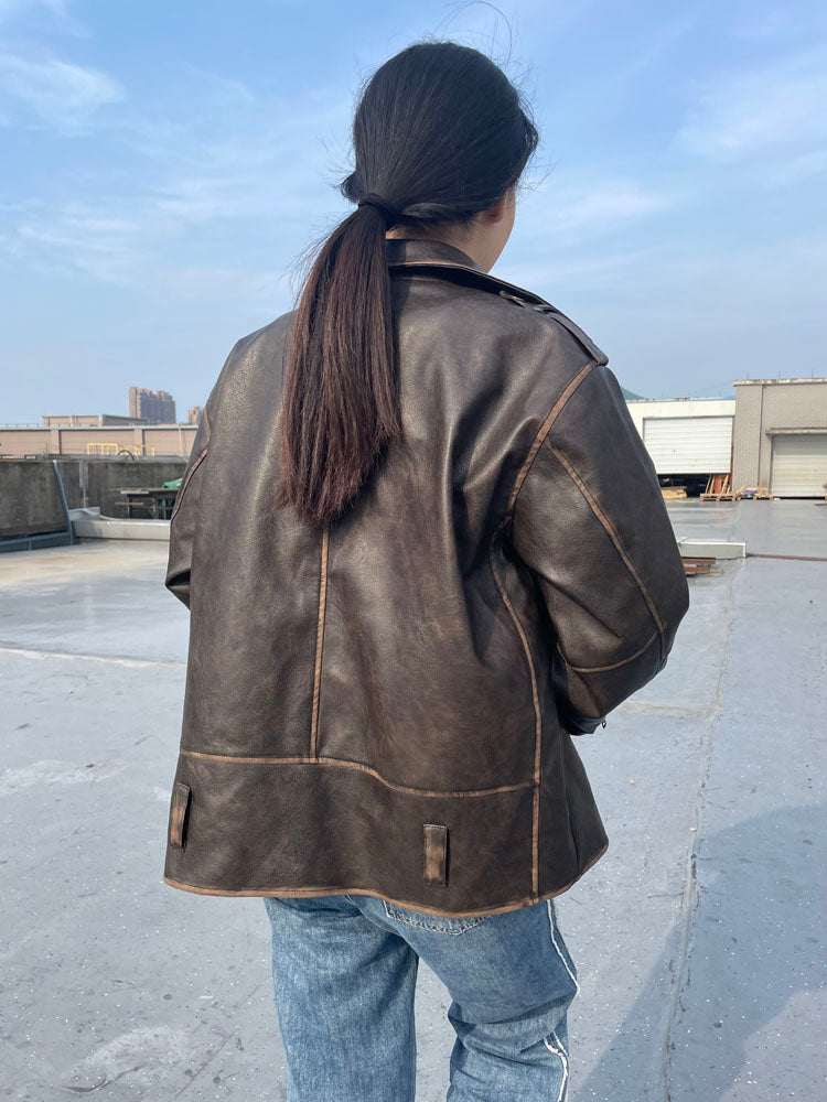 Streetwear Worn Effect Bike Leather Jackets For Women Oversized Boyfriend PU Leather Jacket Women Loose Zipper Brown Coat voguable