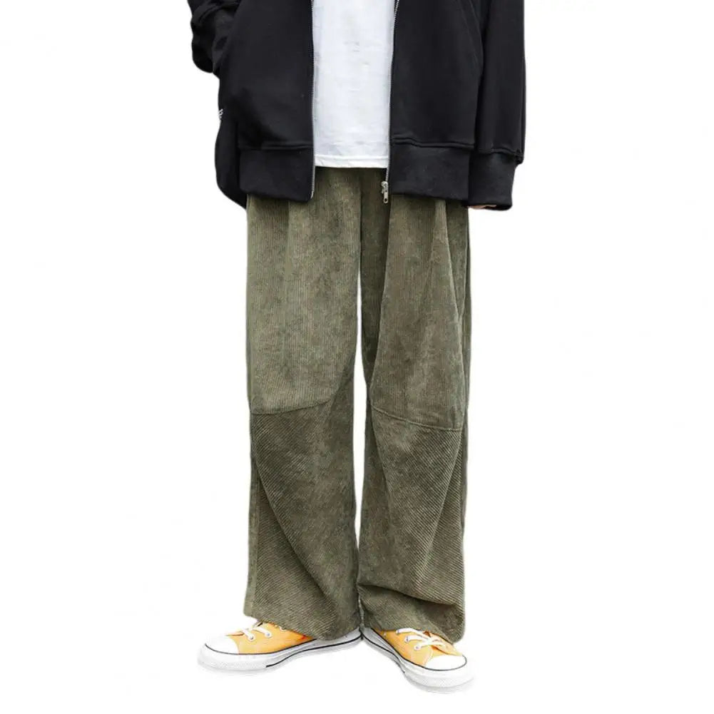 Autumn Men Pants Solid Color Wide Leg Elastic Waist Loose Straight Corduroy Trousers Relaxed Fit Corduroy Pants for Jogging voguable