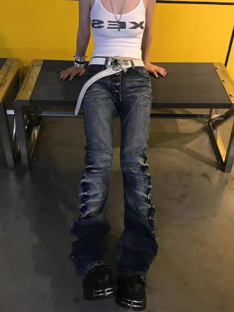 Voguable  American Retro Vintage Denim Pants Mid Rise Multi Button Front Ruched Leg Slim Bootcut Y2K Daily Streetwear Bottoms Streetwear voguable