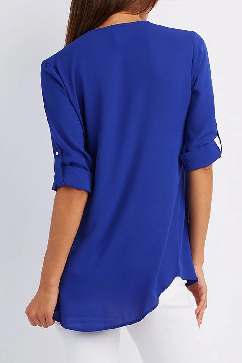 Summer Women Cool Loose Shirt Deep V Neck Chiffon Blouse Casual Ladies Tops Sexy Zipper Pullover Plus Size Long Sleeve Fashion voguable