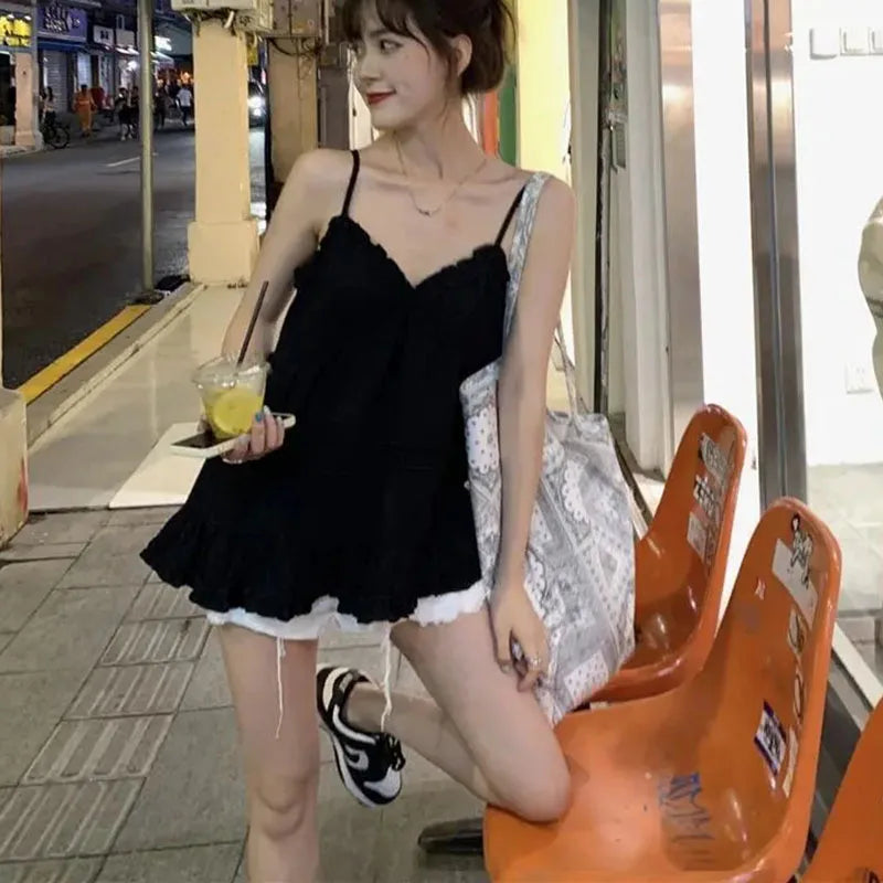 Voguable  Preppy Style Short Tank for Women Summer Ruffles Design White Camisole Woman Japanese Sweet Beach Sleeveless V-Neck Tops voguable