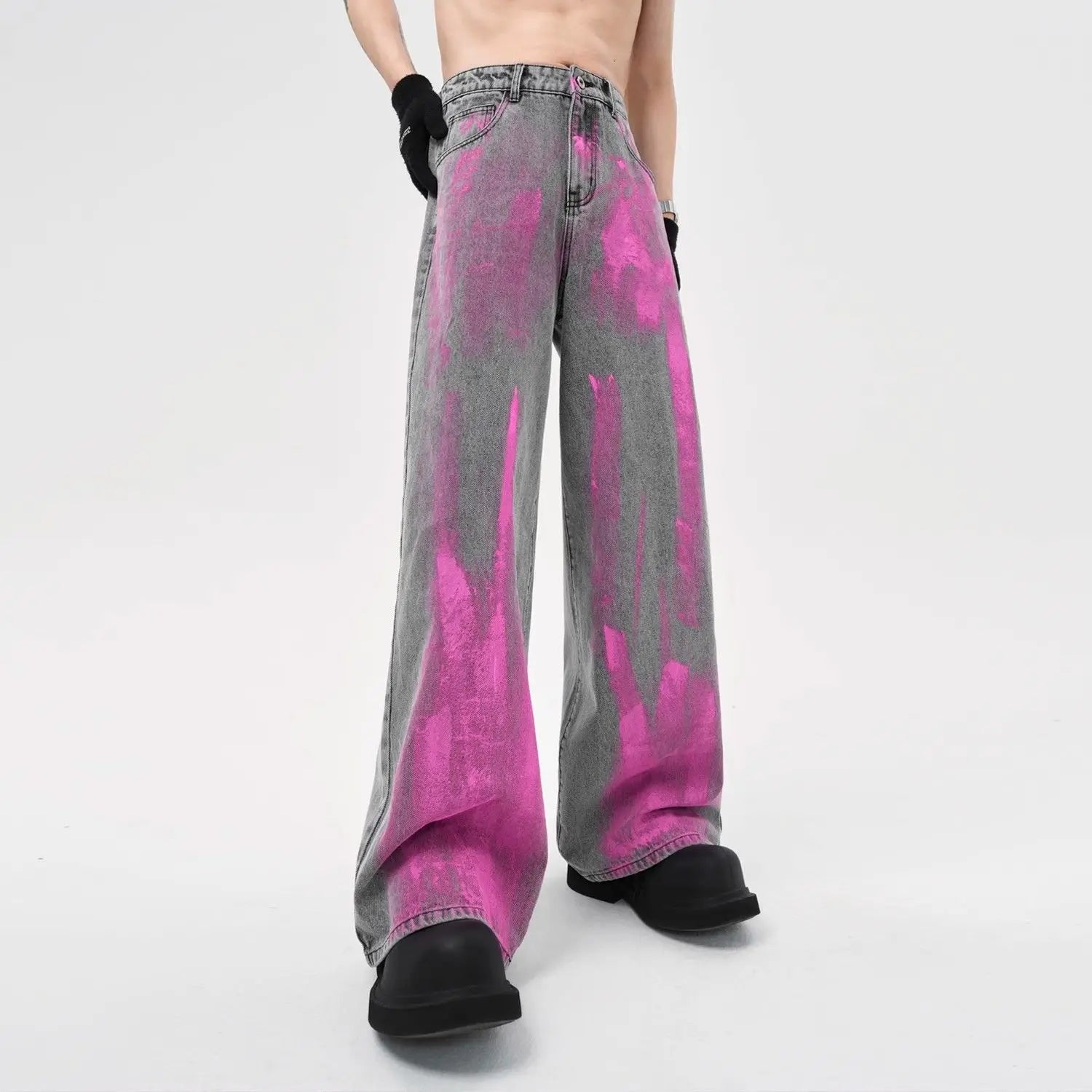 Coated Jeans Men's American High Street Wasteland Gray Wide-leg Pants Men Women A-type Smoke Gray Floor Pants 2025 voguable