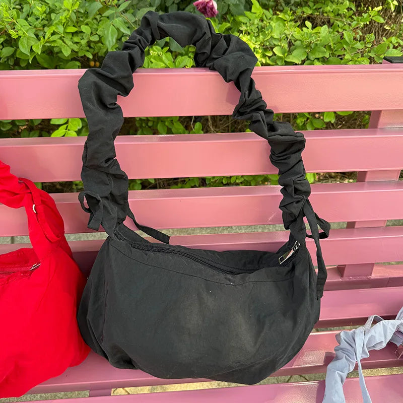 Korean Casual Pleated Drawstring Handbags Women Fashion Simple Solid Crossbody Bag Sweet Y2k Aesthetic Office Lady Shoulder Bags voguable