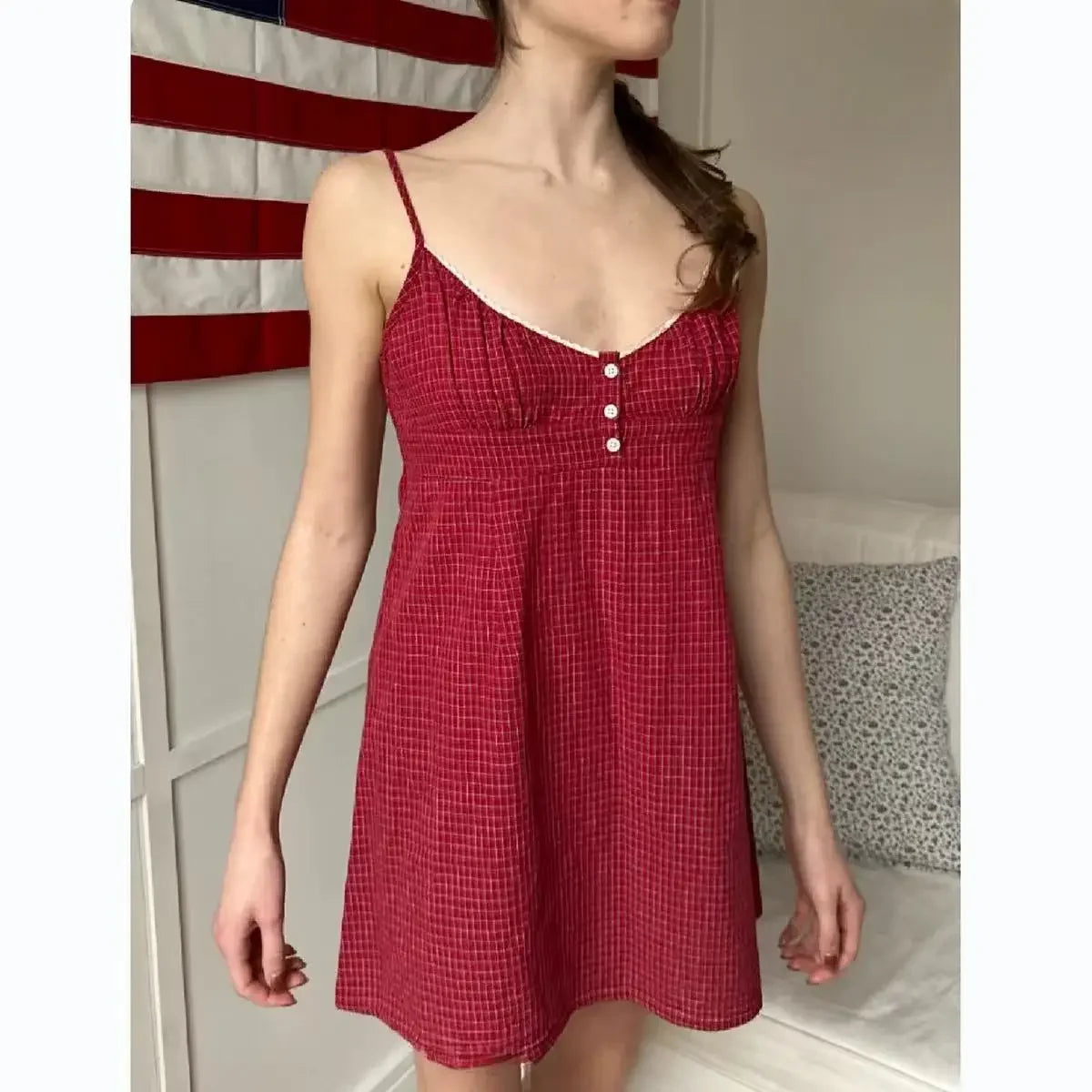 Voguable  Red Plaid V-neck Mini Summer Casual Dress Women Buttons Lace Trim A-line Sweet Short Vestidos Preppy Style Y2K Dresses voguable