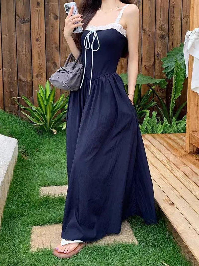 Lace Patchwork Bandage Dress for Women Y2K Summer Elegant Slim Navy Midi Dress Sweet Preppy Sleeveless A Line Vestidos Mujer New voguable