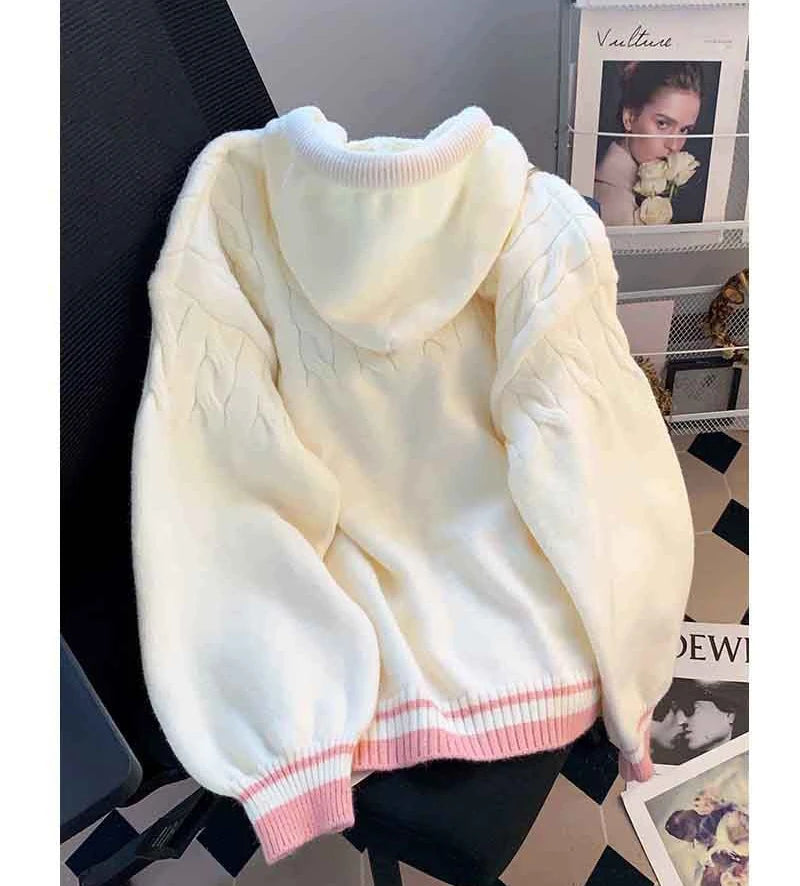 Cute Sweet Cardigan Sweaters Women Lazy Wind White Knitted Coats Long Sleeve Loose Female Japan Kawaii Elegant Hooded Tops voguable