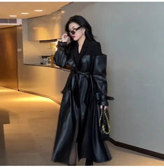 Autumn Long Black Patchwork Pu Leather Trench Coat for Women Double Breasted Loose Stylish Luxury Designer Clothing