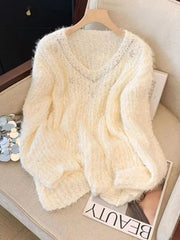Pink Sweet Knitted Sweaters Women Fashion Lazy Wind Diamond Elegant Jumper Korean Chic Long Sleeve Loose Fall Winter Pullovers voguable