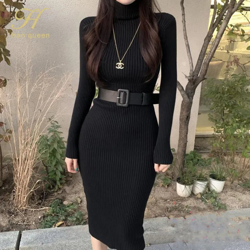 Queen Knitted Bodycon Dress Bottoming Women Soft Elastic Turtleneck Sweater Autumn Winter Midi Party Dresses With Belt voguable