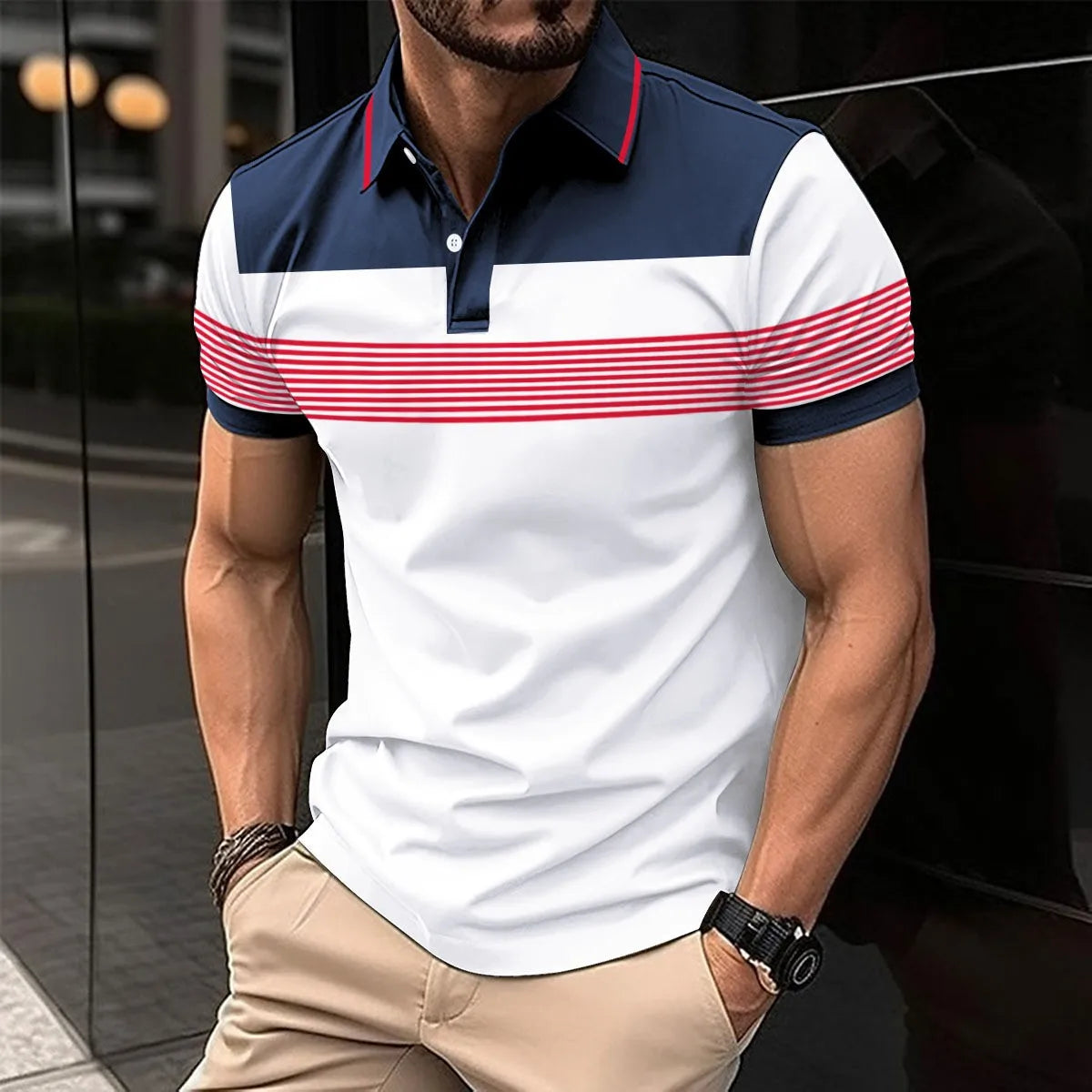 Voguable  Business Casual Men Polo Shirts Summer New Lapel Striped Button Contrast Color Streetwear Fashion Office Social Short Sleeve Top voguable