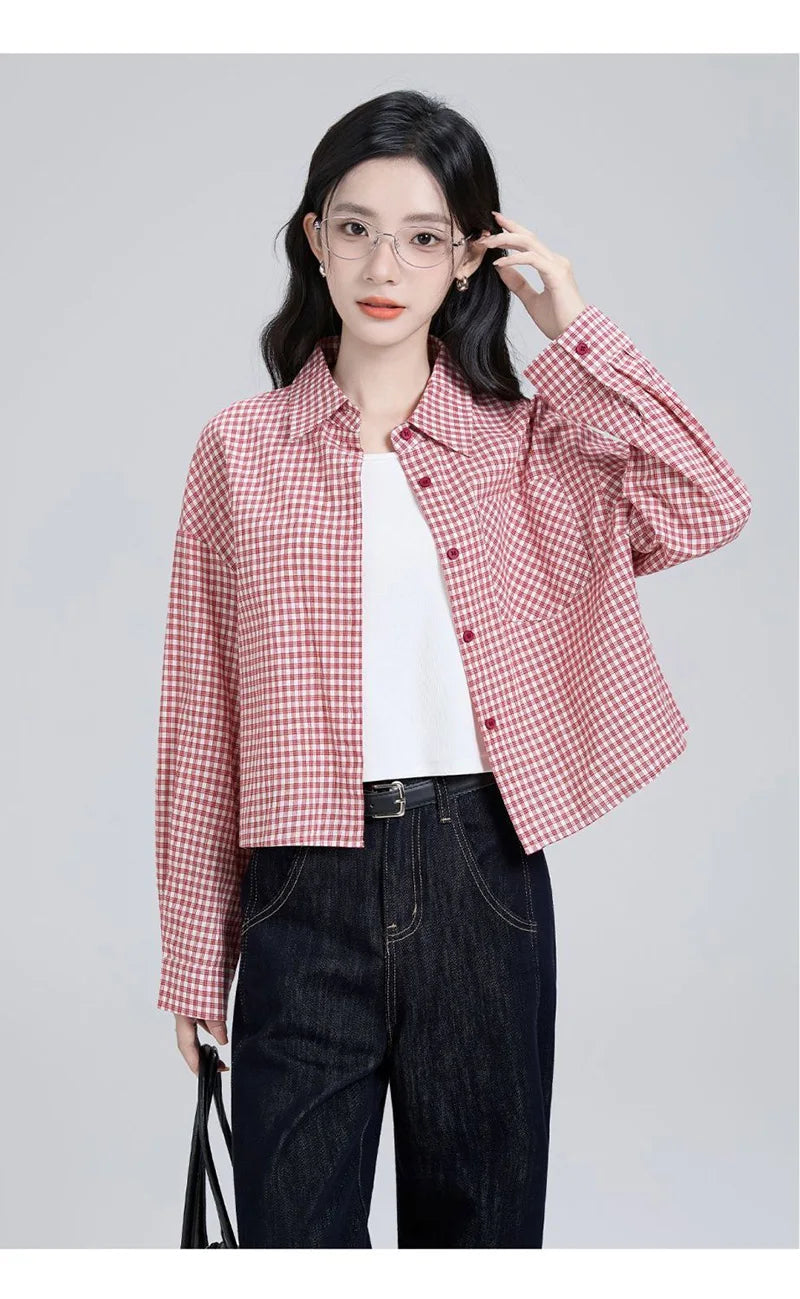 Sweet Red Plaid Shirt Women Preppy Style Vintage Long Sleeve Blouse Korean Fall Loose Female Retro Cute All Match Tops New voguable
