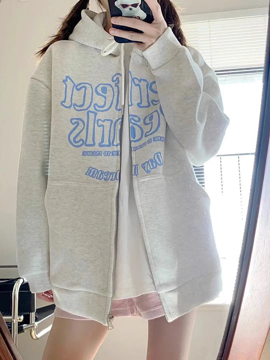Voguable American Vintage Hip Hop Graphic Simple Gray Hoodies Jackets Autumn Winter Zip Up Sweatshirt Men Women Loose Oversized Harajuku voguable