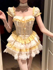 Cute Lolita Women Mini Dress High Waist Summer Short Sleeve Japanese Dress Patchwork Lace Ladies Tunic Party Vestidos New voguable
