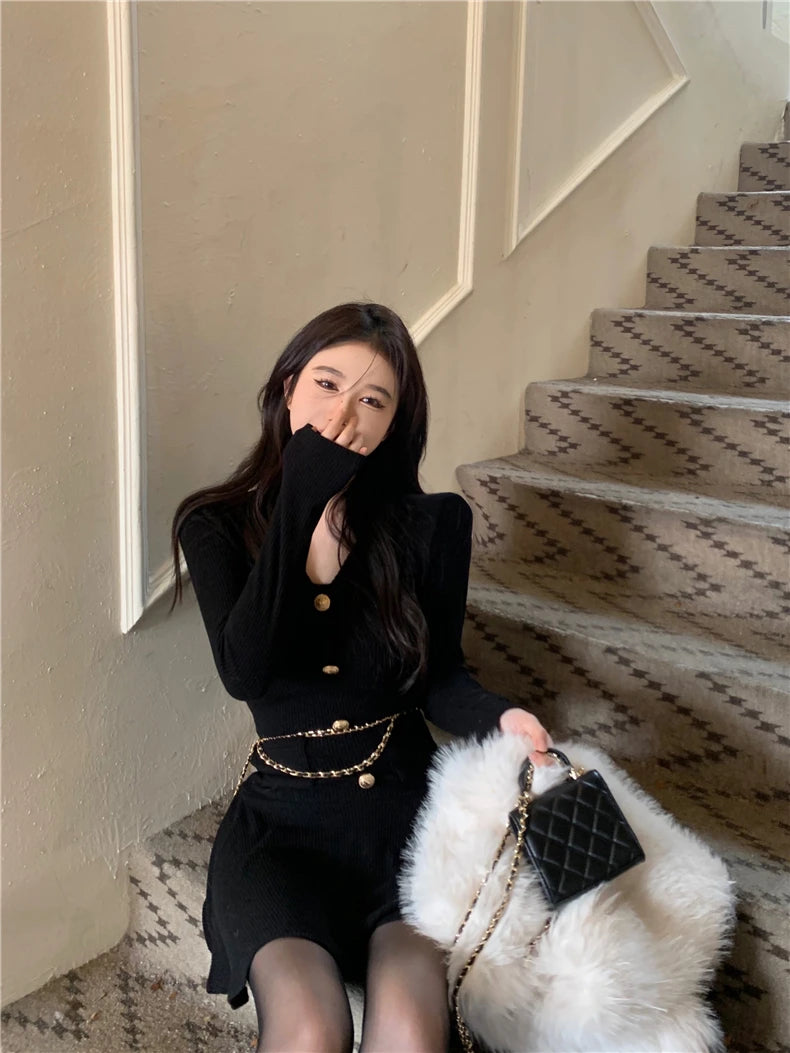 Voguable  Sexy Black Knitting Female Mini Dress Chic Chain Buttons Slim V-neck Fashion Women's Dresses Solid Color Winter Dresses voguable