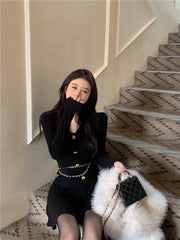 Voguable  Sexy Black Knitting Female Mini Dress Chic Chain Buttons Slim V-neck Fashion Women's Dresses Solid Color Winter Dresses voguable
