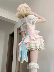 Voguable 2024 Lolita Kawaii 2 Piece Sets Women Cute Slim Blouse Blouse + Sweet Lace Sleeveless Y2k Mini Dress Japanese Style Fashion Suit voguable