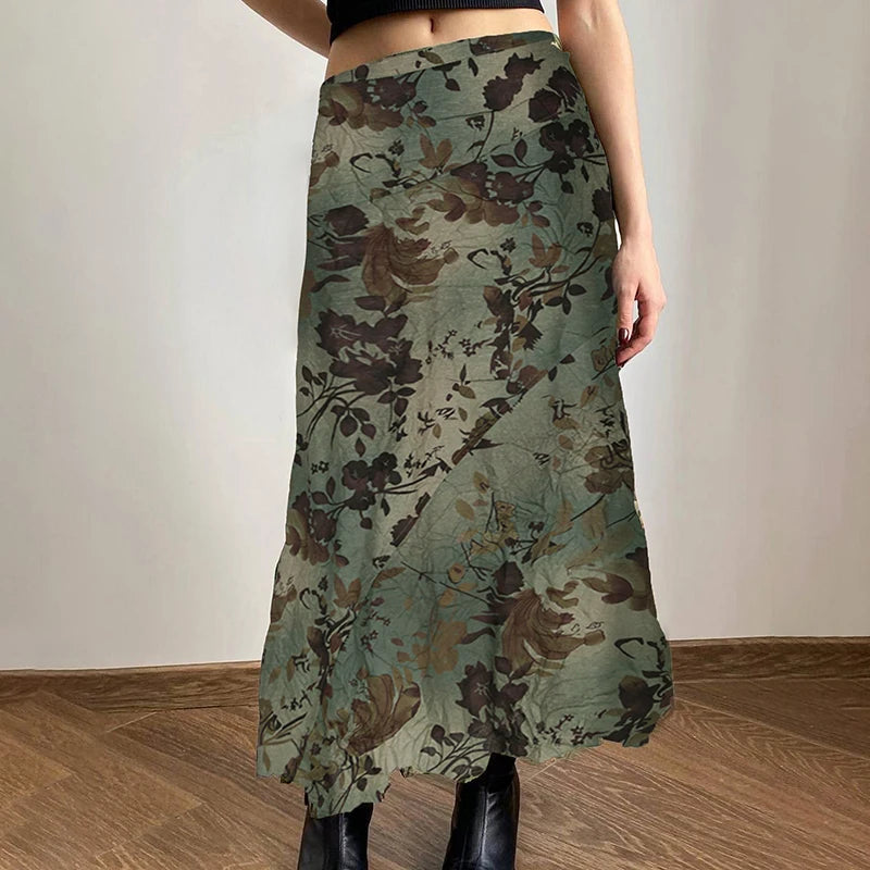 Vintage Print Loose Midi Skirt Women Retro y2k Low Rise Casual Skirts 2000s Aesthetic Ladies's Bottoms Harajuku Clothing voguable