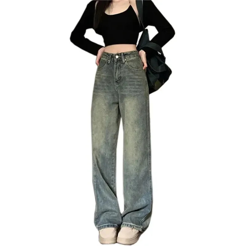 Vintage High-waisted Slimming Jeans American Style Casual Bell Bottoms Versatile Straight-leg Long Pants For Women voguable