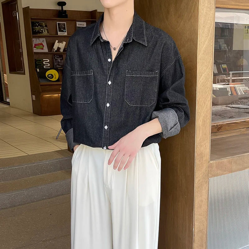 Voguable Spring Blue Black Denim Shirt Men Fashion Pocket Casual Shirts Mens Streetwear Korean Loose Long-sleeved Shirt Men M-2XL voguable