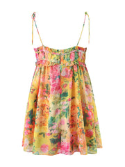 Bow Ruched Bra Corset Style Flower Print Spaghetti Strap Mini Dress Women Backless Skater Lacing up Sling Robe Holiday voguable