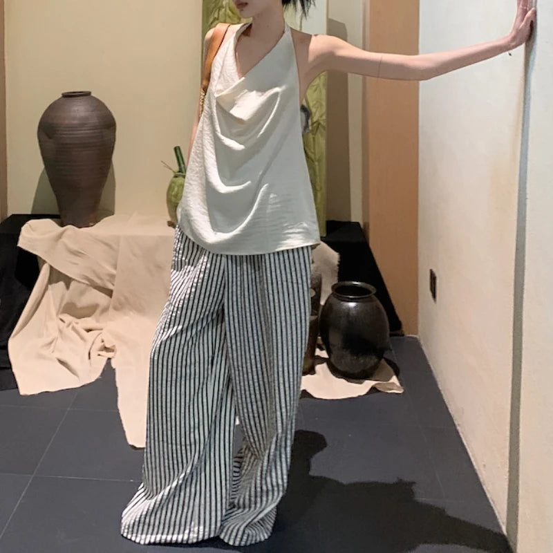 Voguable 2024 Summer New Streetwear Contrast Color Striped Loose Casual Wide Leg Pants Women + Backless Sexy Camisole Two-piece Suit voguable