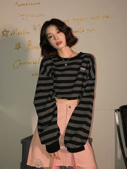 Voguable Sexy Cropped Y2K Striped Sweatshirts Women Harajuku Gothic Tops Vintage Streetwear Casual Bf Oversize Long Sleeve Pullover voguable