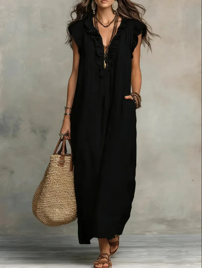 Voguable  New Ruffles V-neck Casual Solid Color Straight Tube Long Dresses Summer Casual Loose Fit Flying Sleeve Pocket Women's Dress voguable
