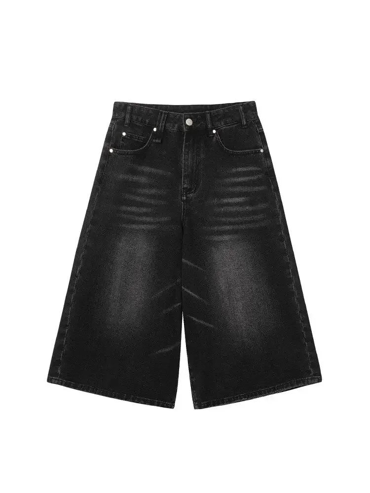 Black Baggy Denim Shorts Women Y2k Vintage Wide Leg Jorts Washed High Waist Streetwear Casual Fashion Loose Trousers voguable