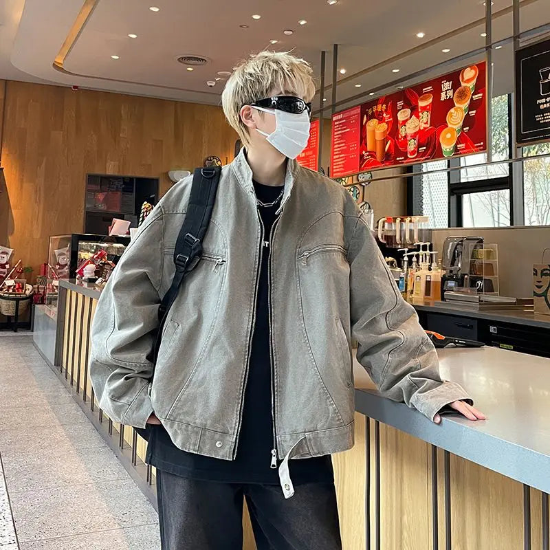 Punk Spliced Jacket High-end Blue Short Work Cargo Coat Men's Handsome Trendy Solid Color Zipper Jacket All-match Top voguable