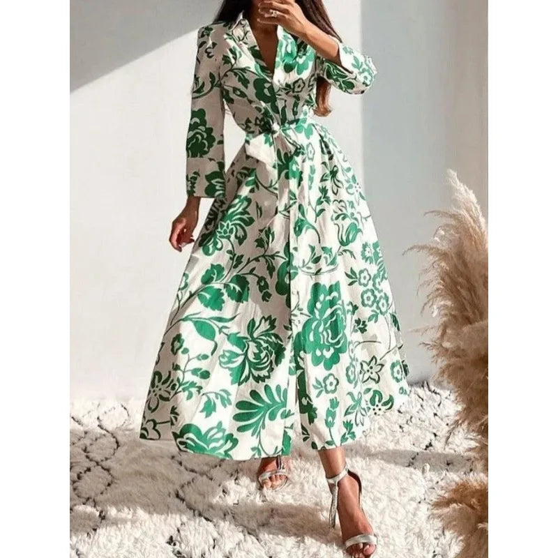 Voguable  Fashion Contrasting Color Waist Lace Up Long Women's Shirt Dress Spring and Summer New Single Breasted Elegant Ladies Dresses voguable