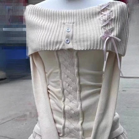 Voguable Vintage Elegant Streetwear Knitted Pullovers Women Korean Fashion Sexy Bow Bandage Slash Neck Slim Sweater Solid Chic voguable
