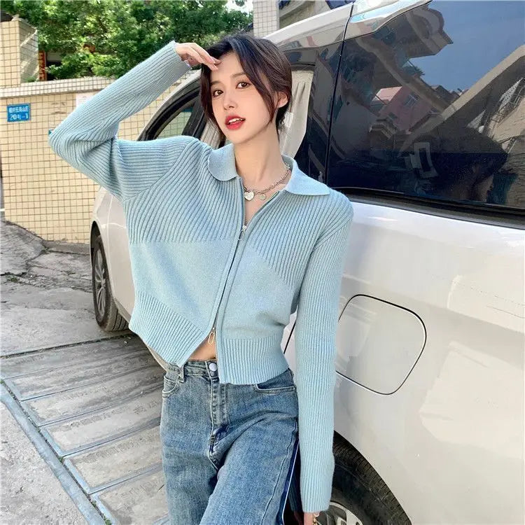 Voguable  Sweet Cute Solid Zipper Pullovers Women Fashion Leisure All-match Retro Simple Vintage Loose Female Zipper Knitwear Top voguable