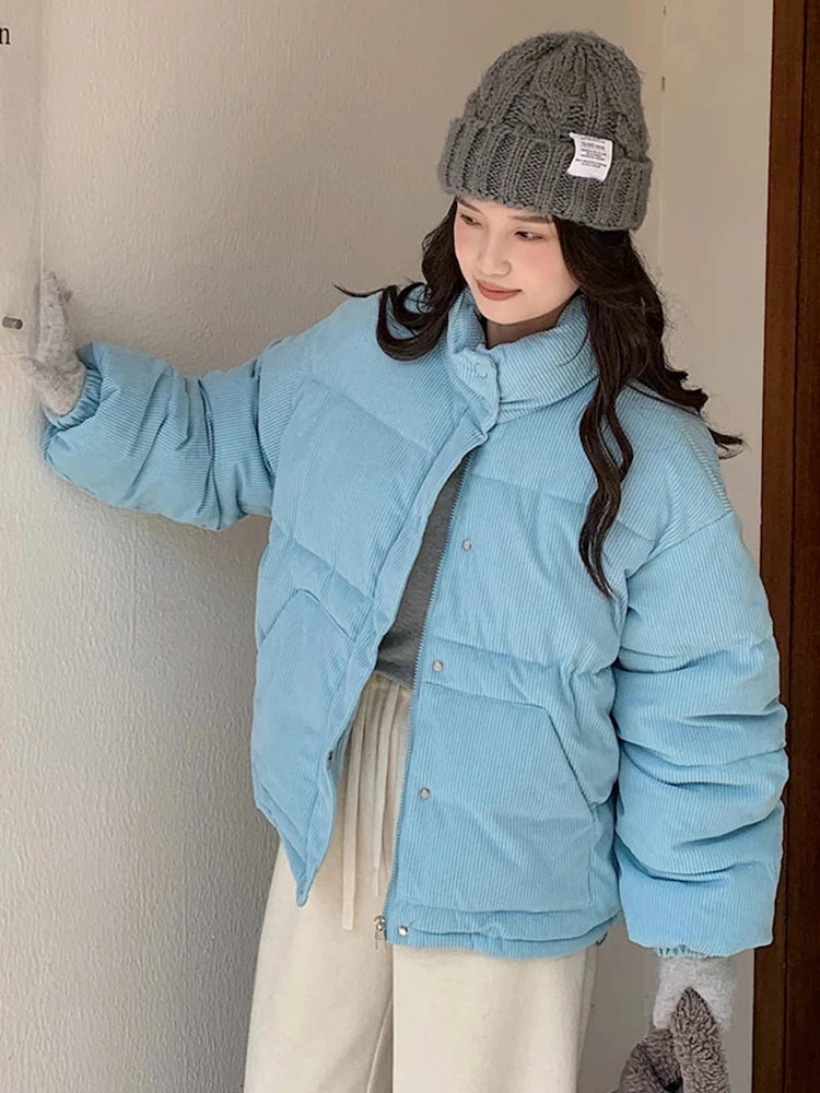 Women Sweet Corduroy Parkas Warm Long Sleeve Retro Stand Collar Cotton Coat Winter Thick Casual Preppy Style Korean Jacket voguable