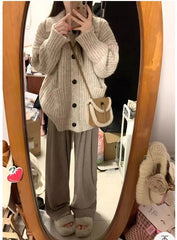Slouchy Knit Cardigan for Women Rib-knit Pockets Front High Neck Button Up Sweater Jacket Coat Female Autumn Winter Basic Outfit voguable
