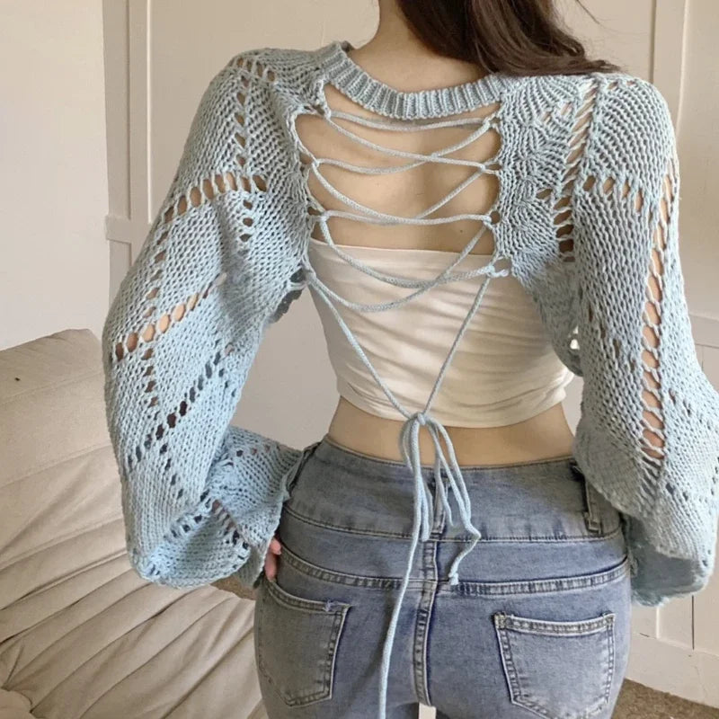 Voguable 2024 Summer New Korean Hollow Sexy Backless Lace-up Solid Color Long-sleeved Sweater Women + Basic Camisole Two-piece Suit voguable