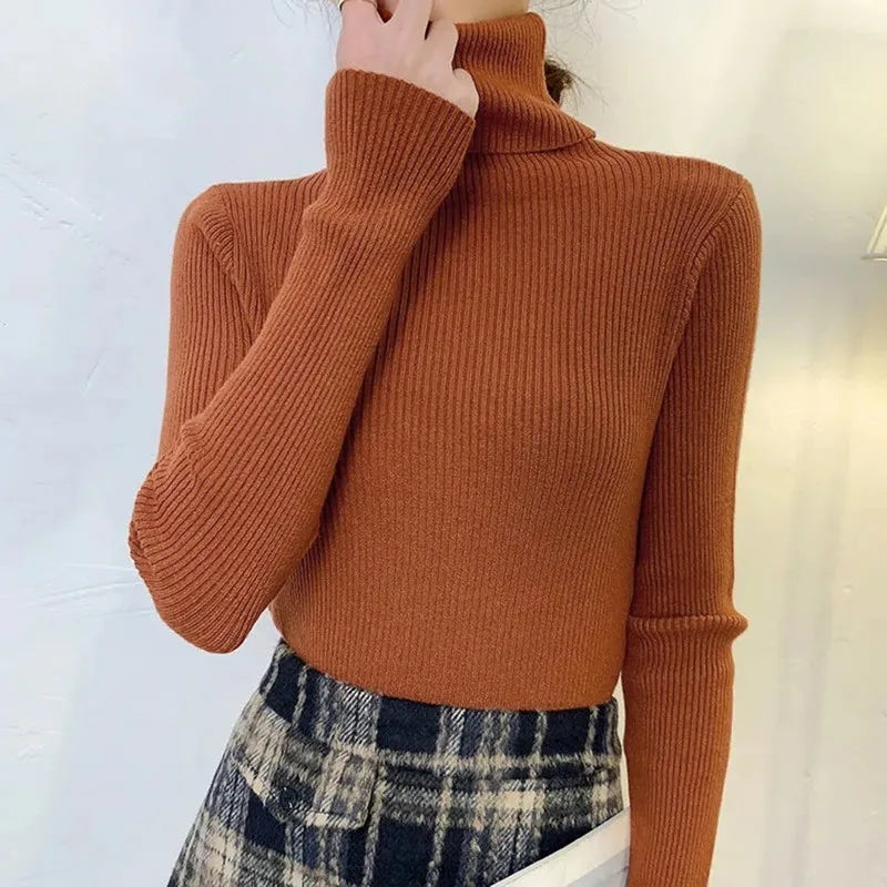 Elegant Solid Basic Knitted Tops Women Turtlneck Sweater Long Sleeve Casual Slim Pullover Korean Fashion Simple Chic Clothes voguable
