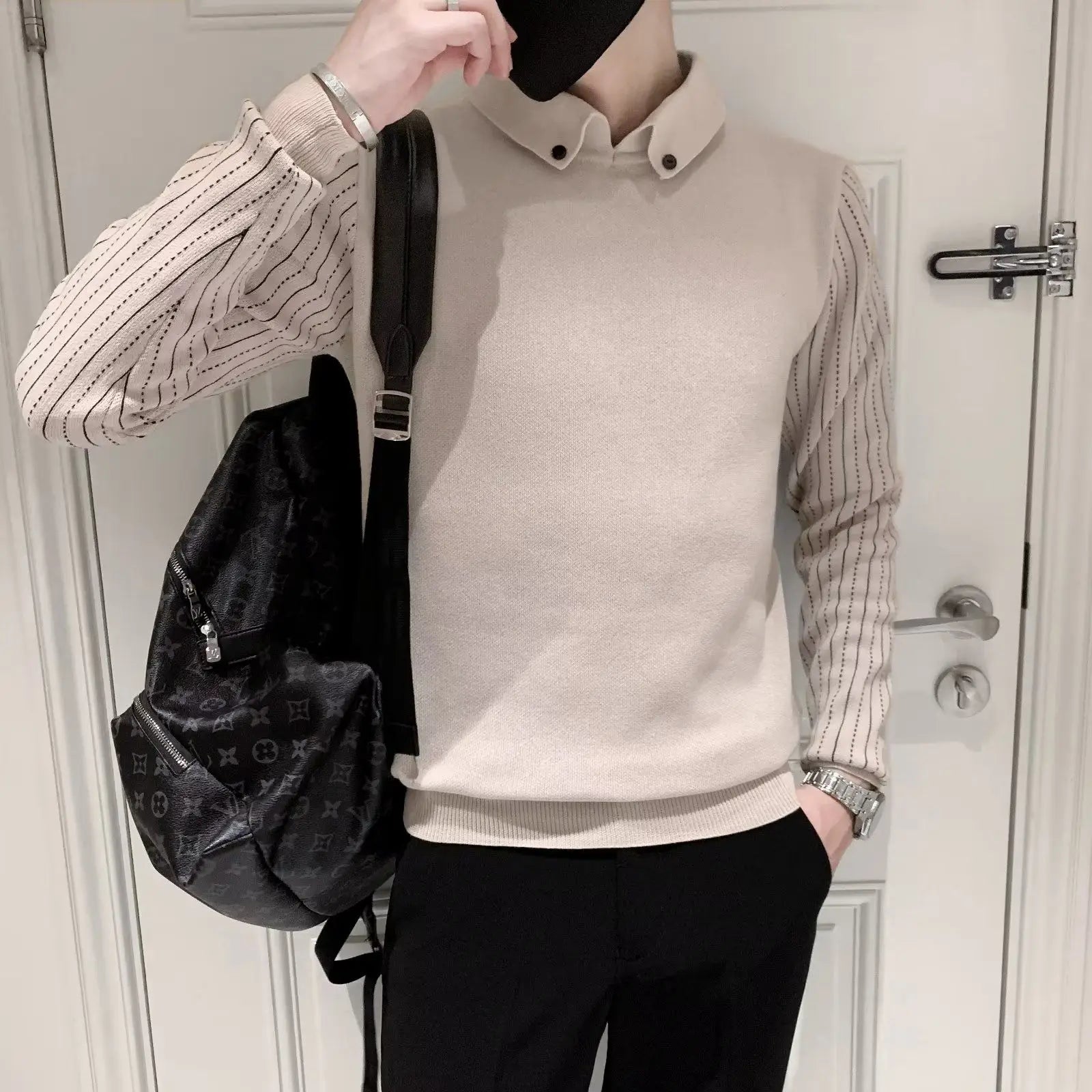 Autumn Winter Fake Two Pieces Fashion Harajuku Sweaters Men Loose Casual Knitting Tops All Match Pullover Chic Business Jumpers voguable