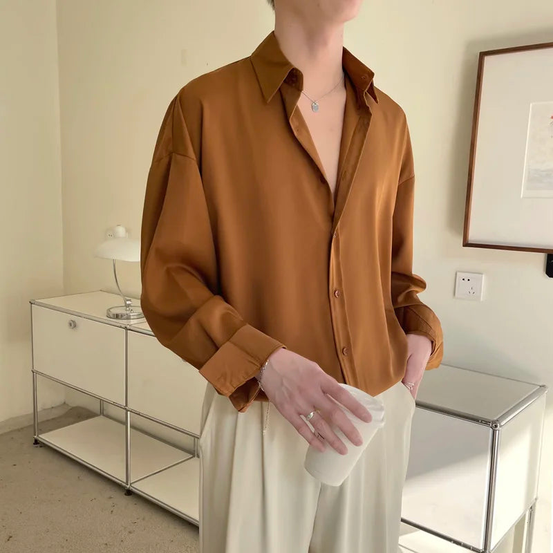 Voguable Solid Color Long-sleeved Shirt Men Fashion Social Men Dress Shirt Korean Loose Casual Ice Shirts Men Office Formal Shirt M-2XL voguable