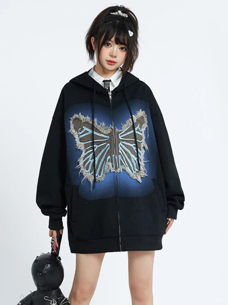 Vintage Women Y2K Hoodies Bufferfly Loose Long Sleeve Streetwear Sweatshirts Harajuku Casual Fall Lady Retro American Tops voguable