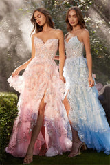 Voguable  Baby Blue Lace Prom Dress 2024 Princess Strapless Side Split Formal Occasion Dresses Sweet Shiny Lace Train Party Dress voguable