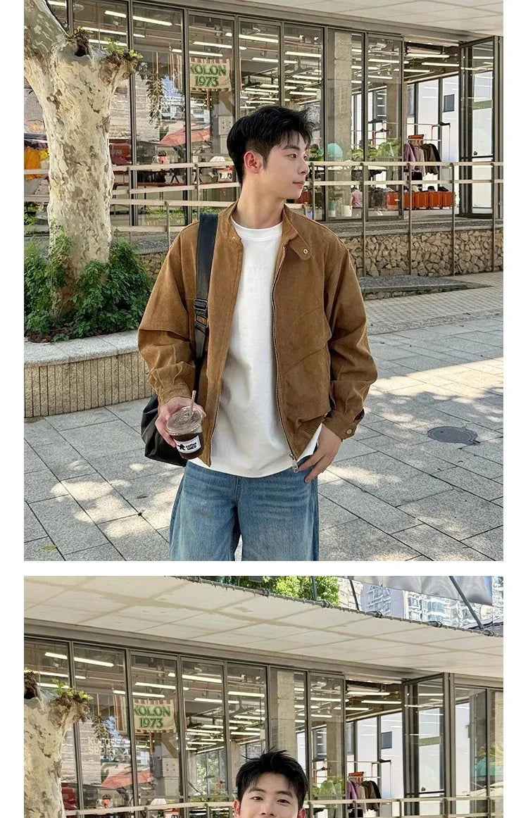 Khaki Cargos Stand Collar Jackets Men's Japanese Retro Streetwear Fashion Solid Color Zipper Long Sleeve Coats Autumn Clothing voguable