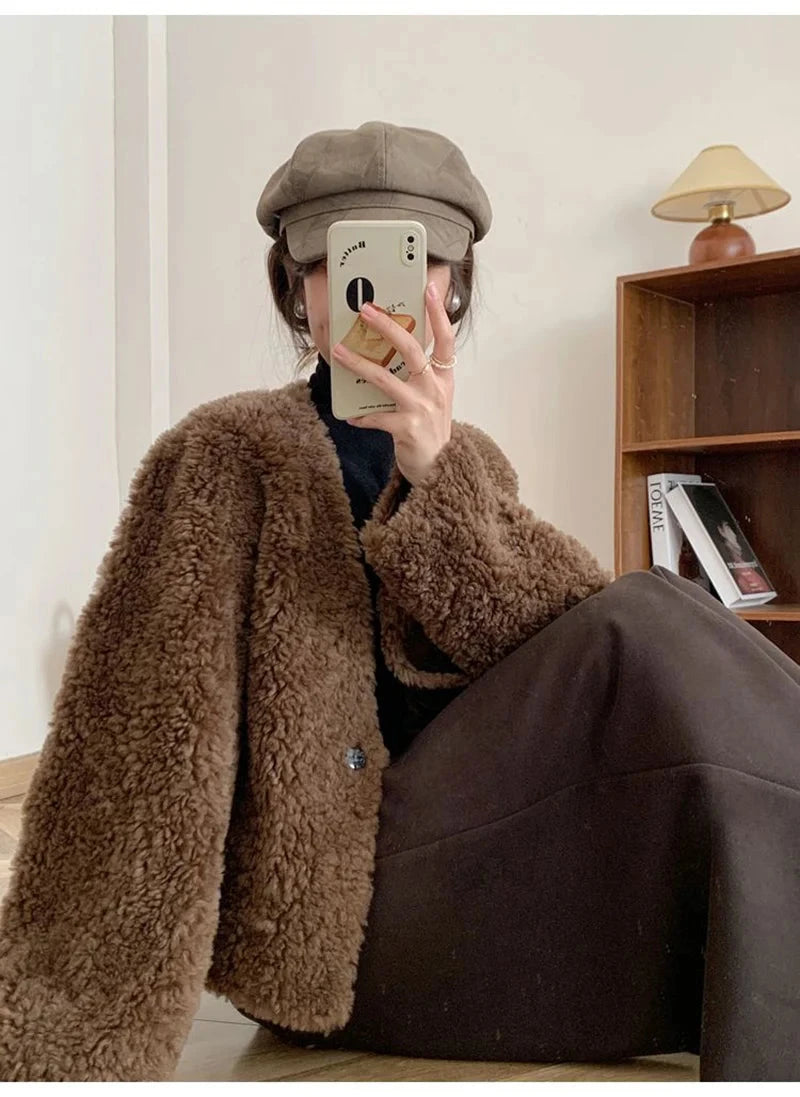 Winter Vintage Women Faux Lamb Coat Warm Soft Long Sleeve V Neck Sweet Jacket Retro Simple Solid Korean Female Preppy Style Tops voguable