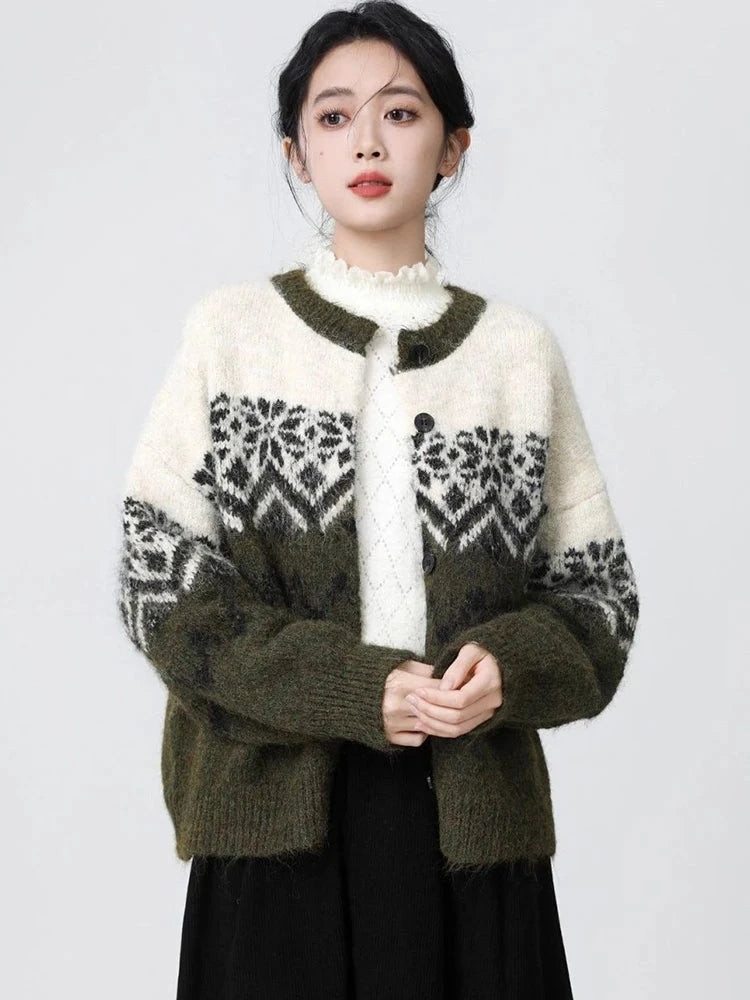 Women O Neck Retro Print Cardigan Sweaters Casual Lazy Wind Long Sleeve Knitted Short Coat Fall Winter Vintage Harajuku Lady Top voguable