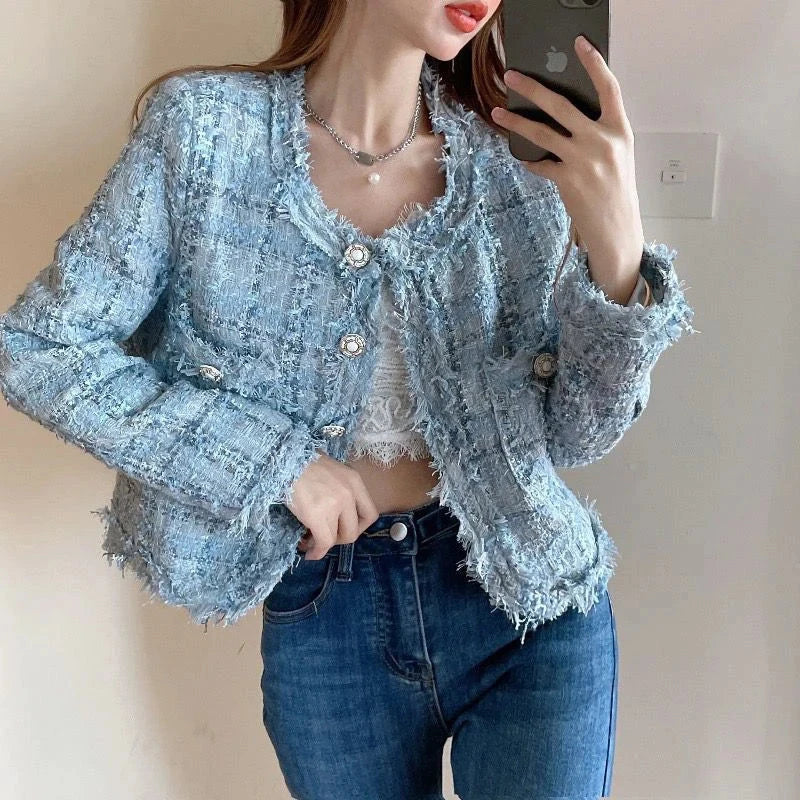 Chic Tassel Slim Tweed Jacket Women Casual Sweet Long Sleeve Short Coat Korean Fashion O Neck Elegant Design Plaid Tops New voguable