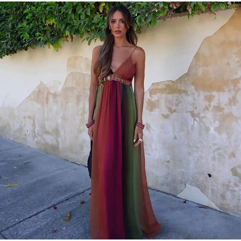 Sexy Backless Slip Long Chiffon Beach Sling Dress For Women Summer Vacation Contrasting V Neck Holiday Beachwear Dresses voguable