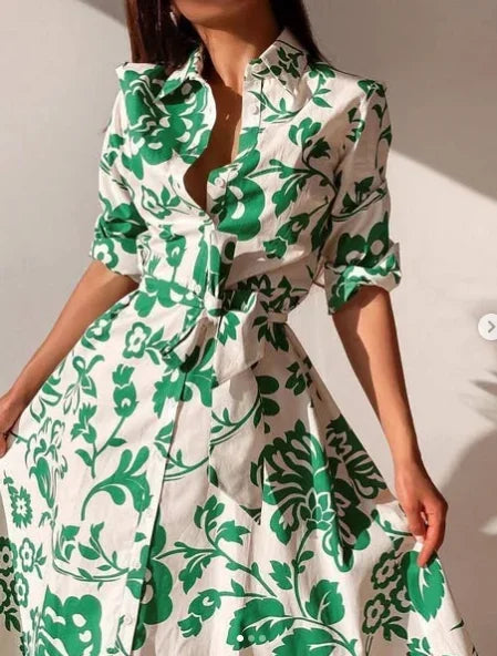 Voguable  Fashion Contrasting Color Waist Lace Up Long Women's Shirt Dress Spring and Summer New Single Breasted Elegant Ladies Dresses voguable