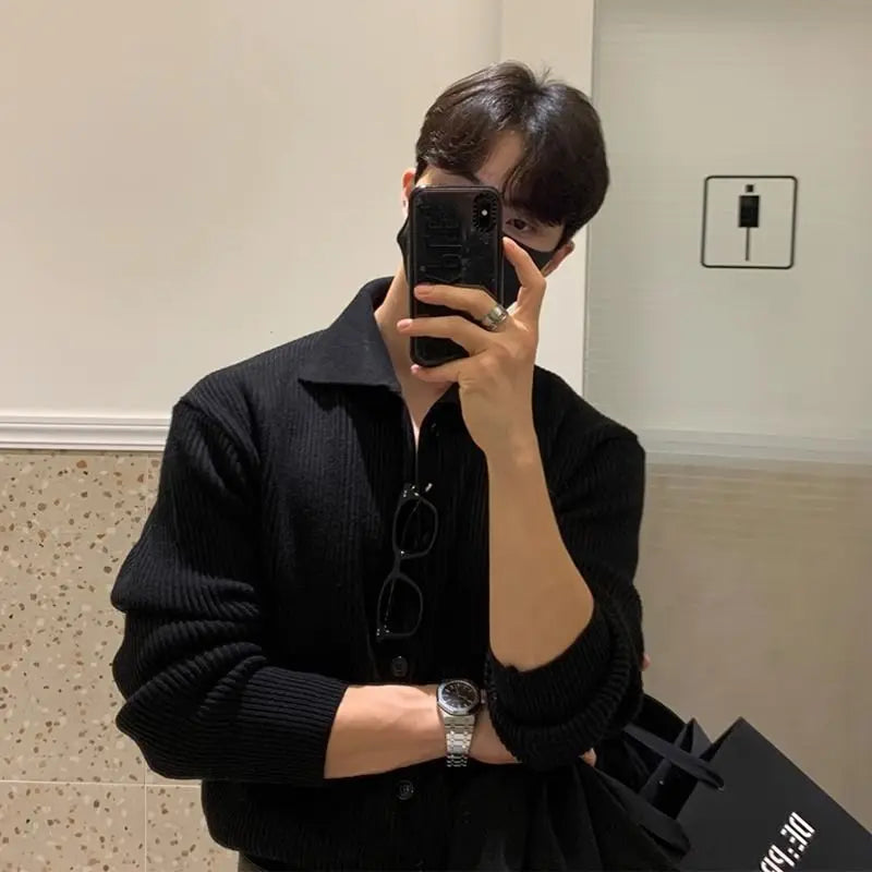 Voguable Korean Casual Spring Autumn Knitted Cardigan Sweaters Coat Men Lapel Solid Versatile Loose Long Sleeve Navy Blue Heavy Jackets voguable