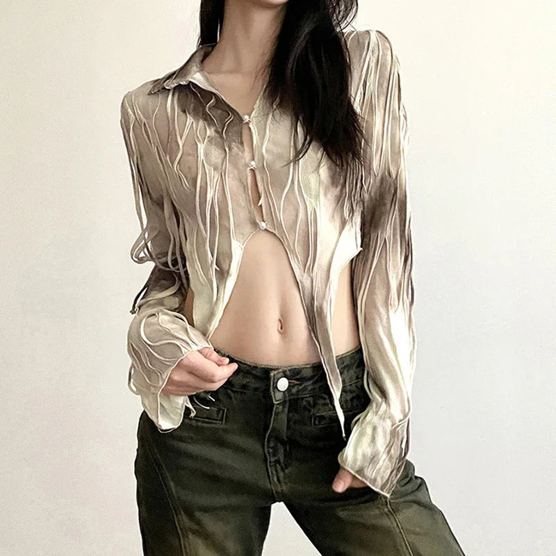 Goth Dark Tassel Tie Dye Fairy Grunge Sexy Blouses Gothic Vintage Y2k Frayed Women Crop Tops Streetwear Long Sleeve Slim T-shirt voguable